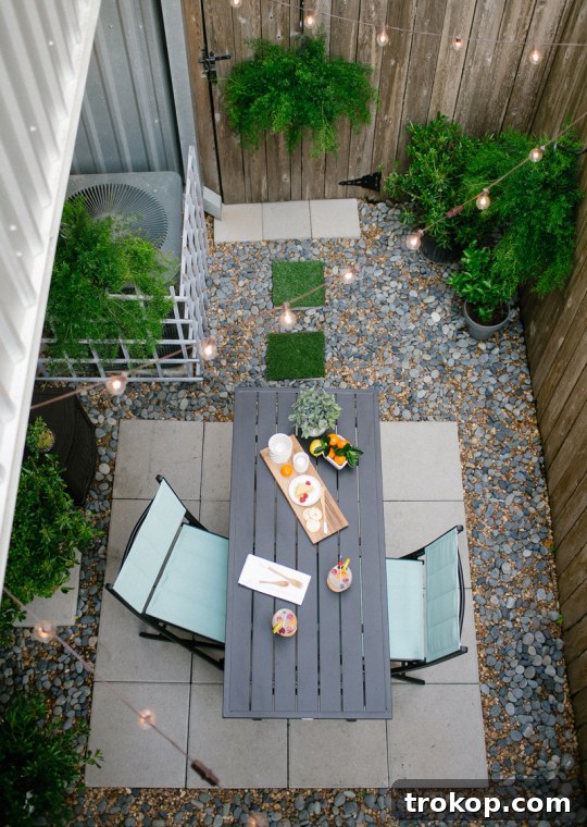 Aerial view of a patio with DIY faux grass stepping stones