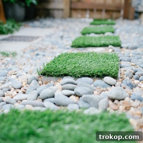 DIY faux grass stepping stones in a home garden